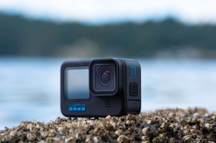 The GoPro Hero 11 Black on a rock with barnacles.