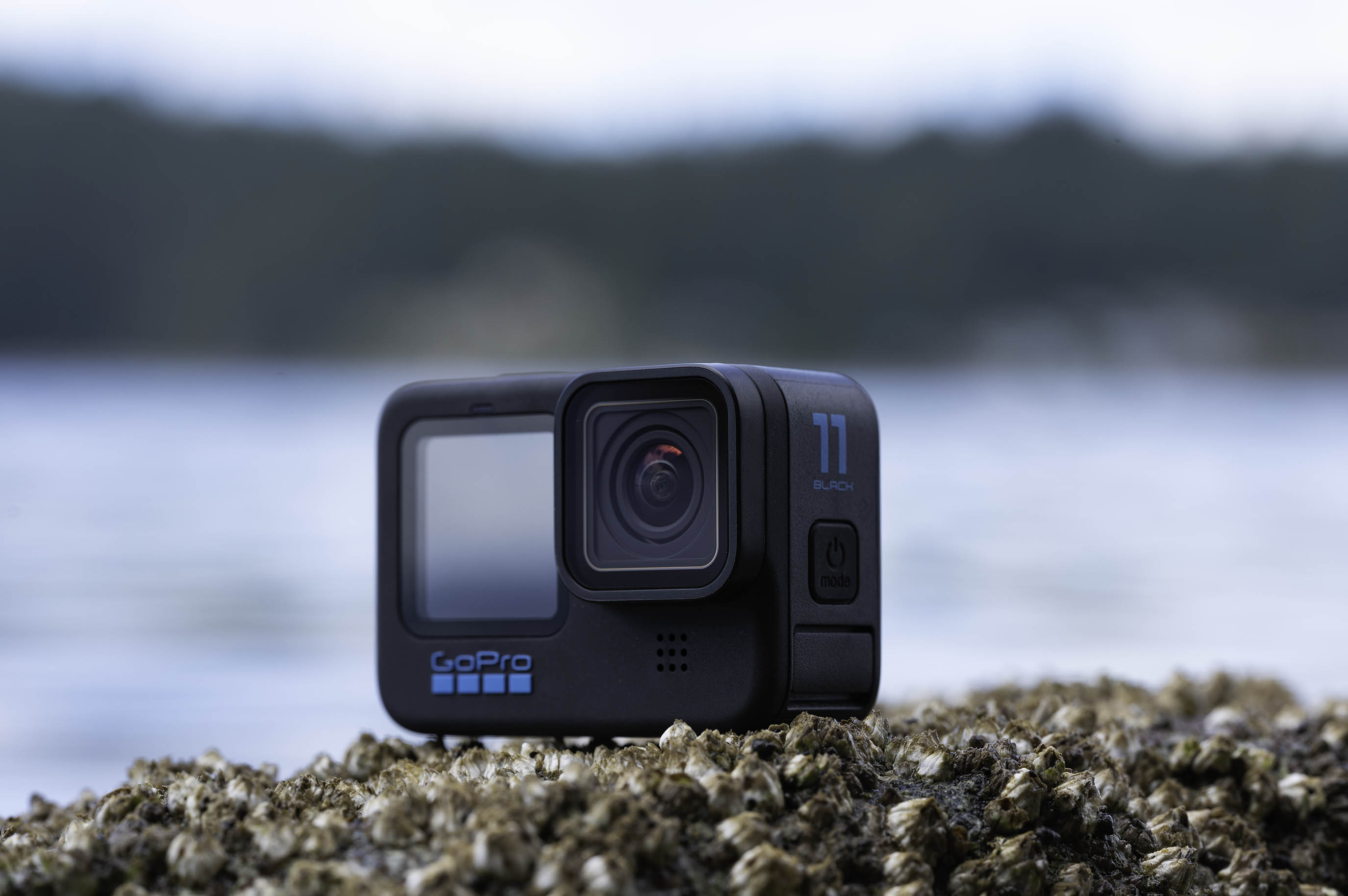 The GoPro Hero 11 Black on a rock with barnacles.