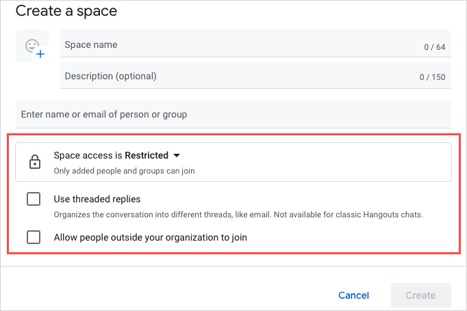 Business account options for a Google Space.