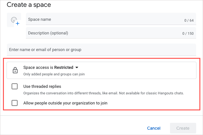 Opciones de cuenta comercial para Google Space.