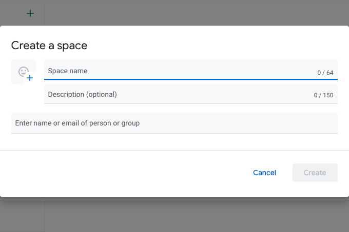 Google Space name and description box.