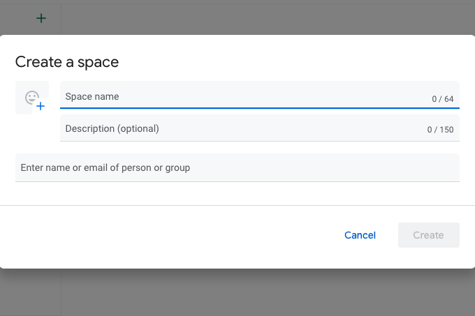 Google Space name and description field.