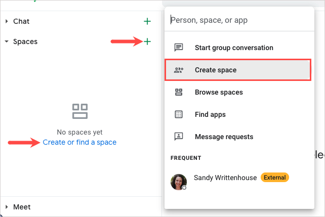 Plus sign and link to create a space in Google Spaces.