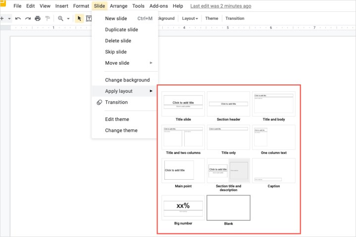 Available slide layouts.