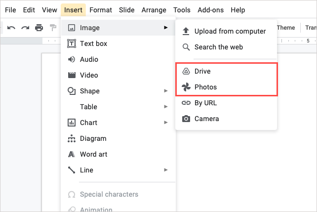 Drive and Photos menu Insert, Picture.