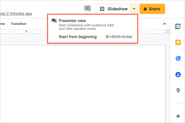 Present options for a slideshow in Google Slides.