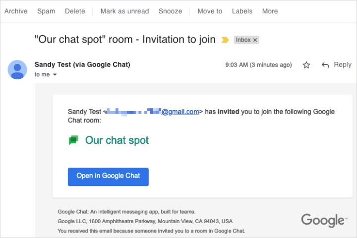 Google Space email invite in Gmail.