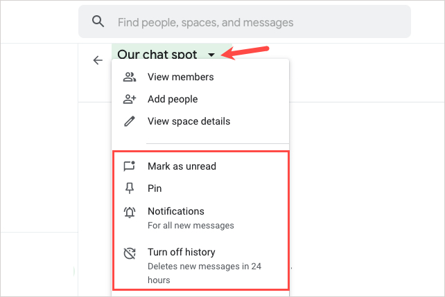 Menu for a Google Space with conversation actions.