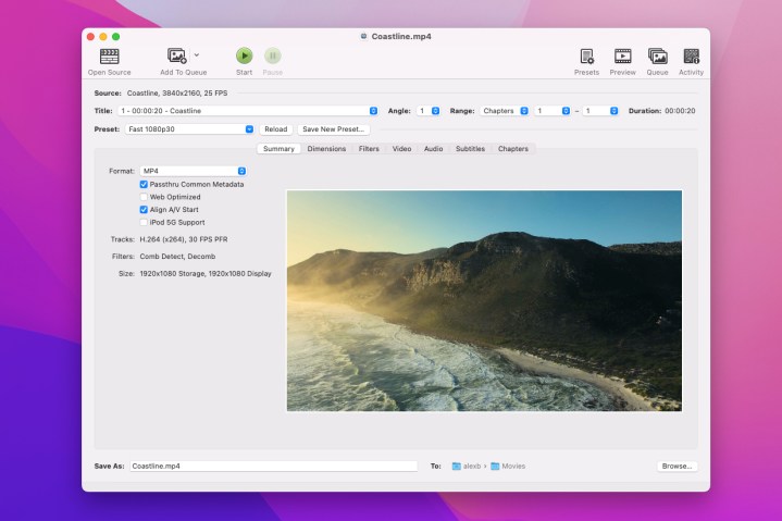 La aplicación HandBrake para Mac con un vídeo cargado y listo para ser renderizado.