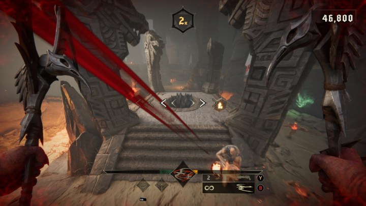 Игрок Metal: Hellsinger прыгает в воздух и смотрит на врагов сверху вниз.
