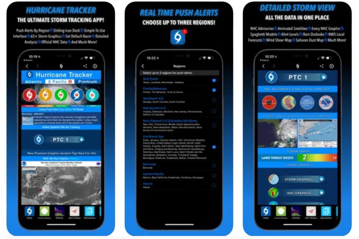 Hurricane Tracker app screens for following hurricanes.