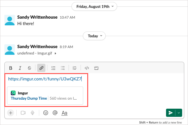 GIF link pasted into the Slack message field.
