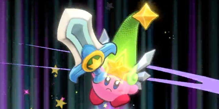 Kirby brandit une épée dans Kirby's Return to Dreamland Deluxe.