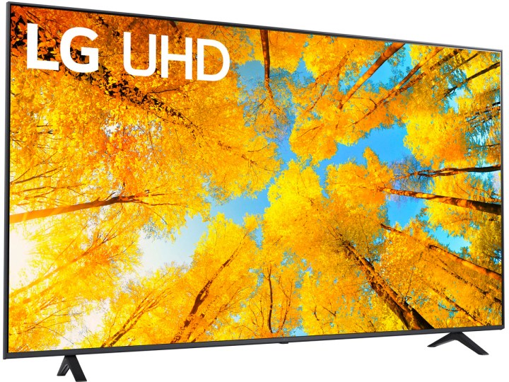 The LG UQ75 series 70-inch 4K webOS TV displaying a colorful image.