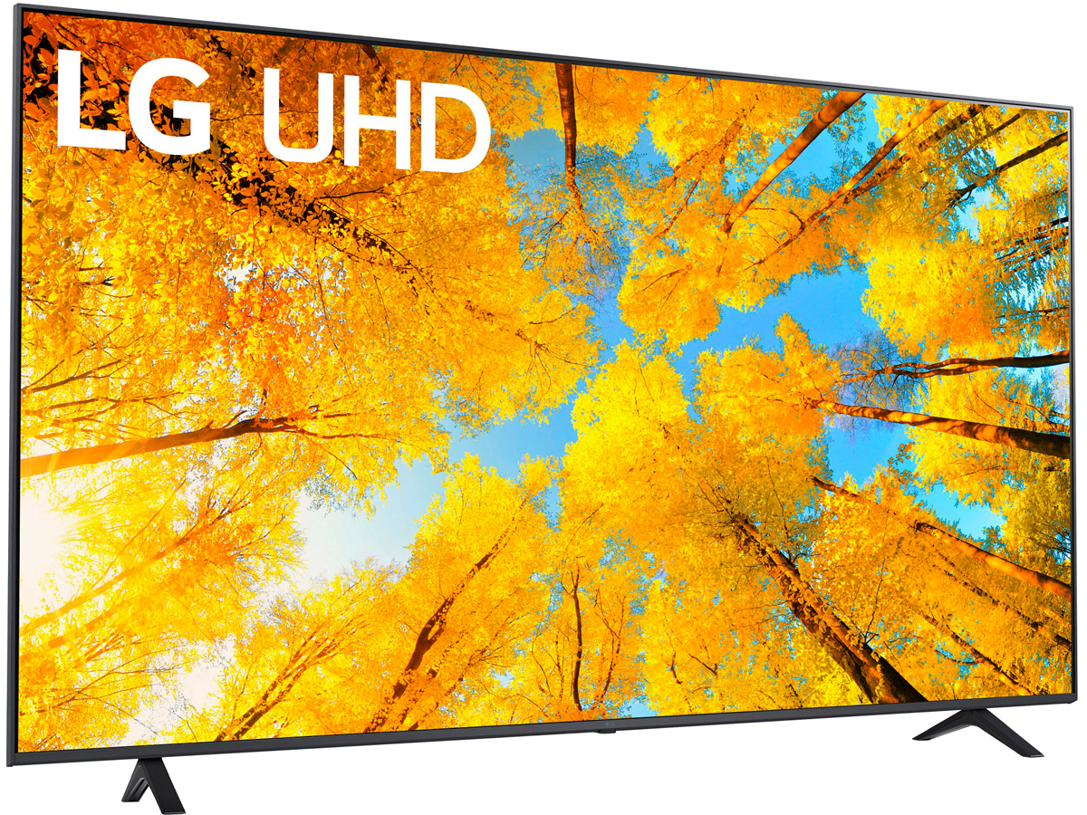 A TV webOS LG 70-Inch UQ75 Series 4K exibindo uma imagem colorida.