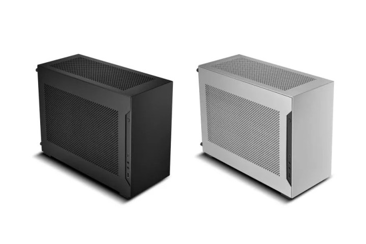 Imagem do produto da caixa mini-ITX Lian Li A4-H2O em preto e prata sobre fundo branco.