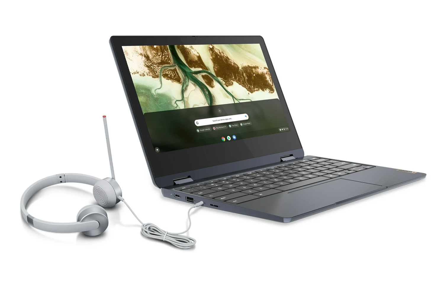 El Lenovo Chromebook 3 con paquete de auriculares.