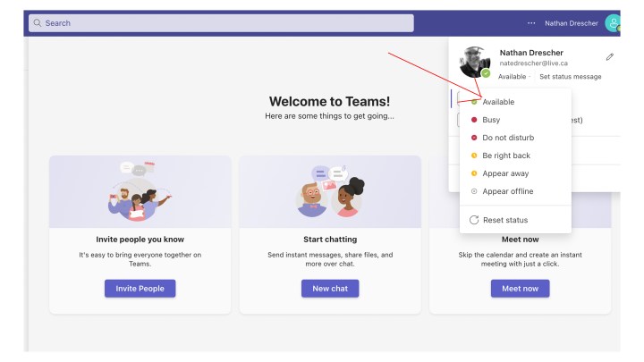 MS Teams with a red arrow pointing to Available status