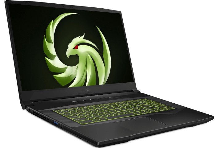 The MSI Alpha 17 gaming laptop displays the MSI logo in green color.