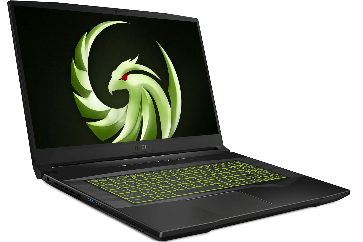 O laptop para jogos MSI Alpha 17 exibindo o logotipo da MSI em verde.