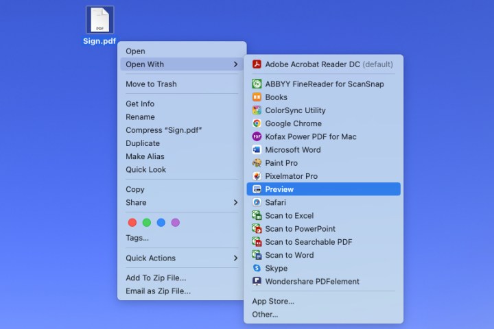 Abra com visualização no menu do botão direito do Mac.