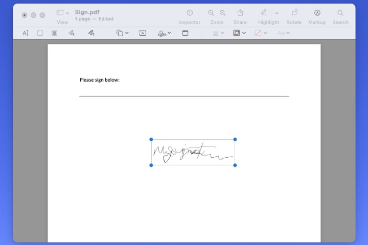 Signature inserted in the document in Preview.