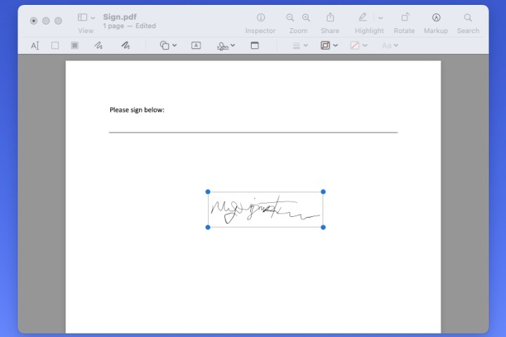 La firma se inserta en un documento en Vista previa.