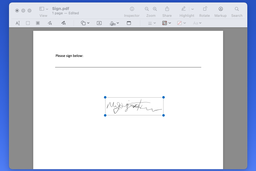 Signature inserted into a document in Preview.
