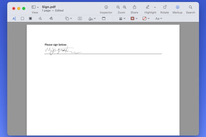 Signature added to a PDF in Preview.