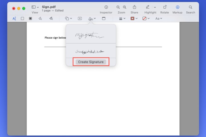 Create Signature in the Sign drop-down menu in the preview.