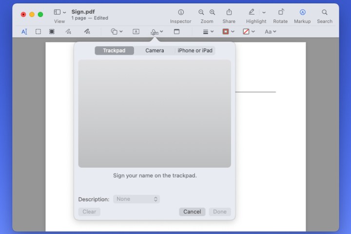 Opciones de trackpad, cámara, iPhone o iPad para crear una firma en Vista previa.