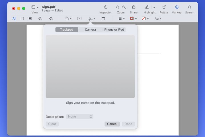 Trackpad-, Kamera- und iPhone- oder iPad-Optionen zum Erstellen einer Signatur in der Vorschau.