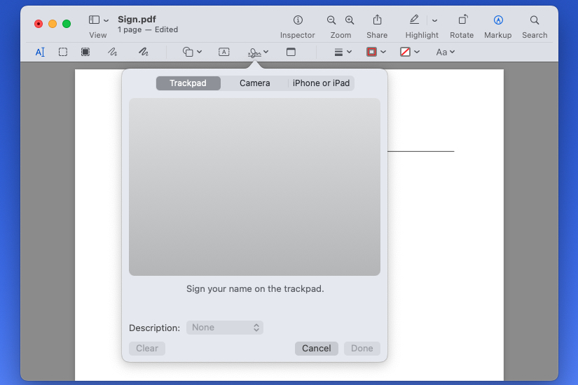 Opciones de trackpad, cámara y iPhone o iPad para crear una firma en Vista previa.