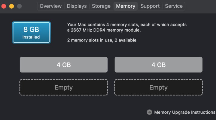 MacOS memory slot information.