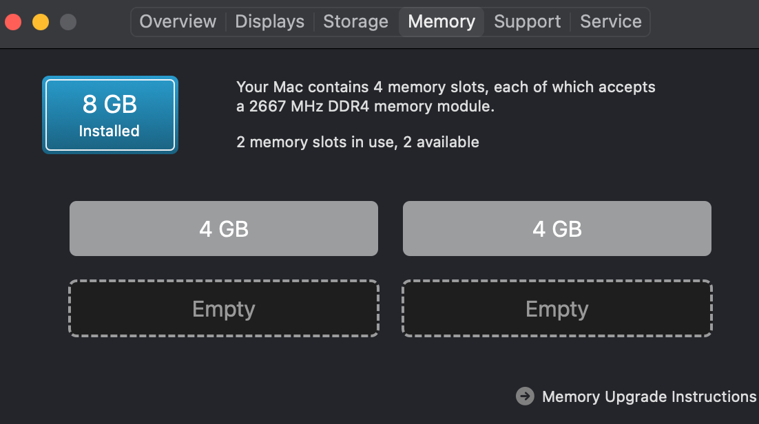 Informações do slot de memória do MacOS.