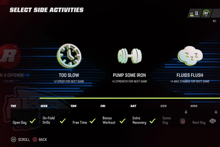 A player set their weekly activities in Madden 23. 