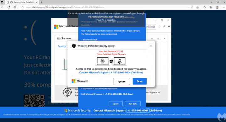 Screenshot of a Microsoft Edge scam attack.