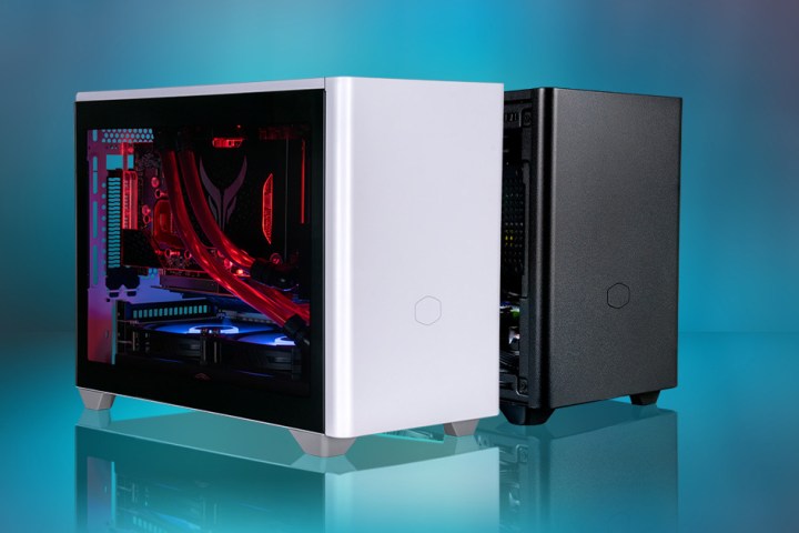 Imagem do produto da caixa mini-ITX Cooler Master Masterbox NR200 em branco e preto.