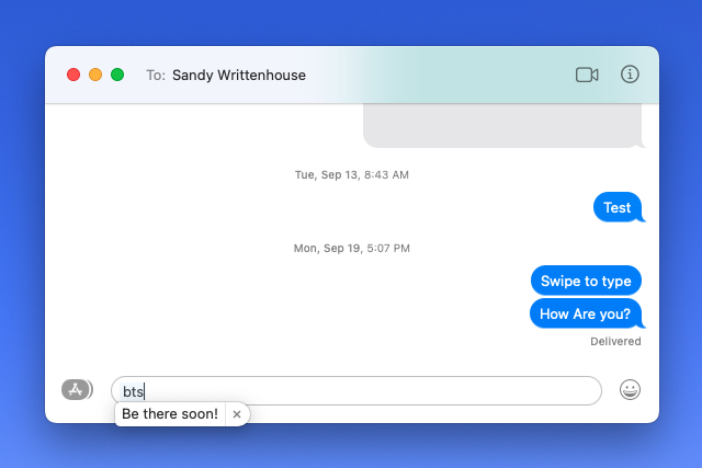 Text replacement pop-up box in Messages.
