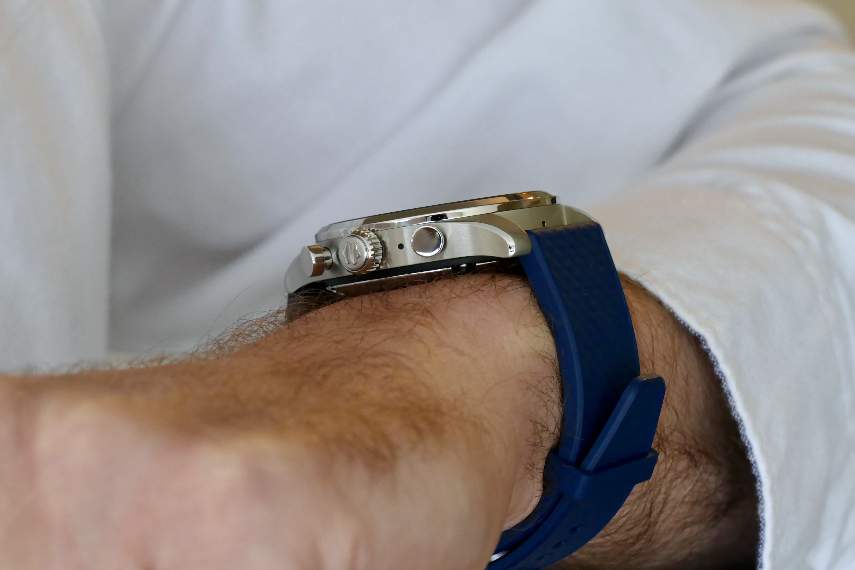 The side of the Montblanc Summit 3 on a mans wrist.