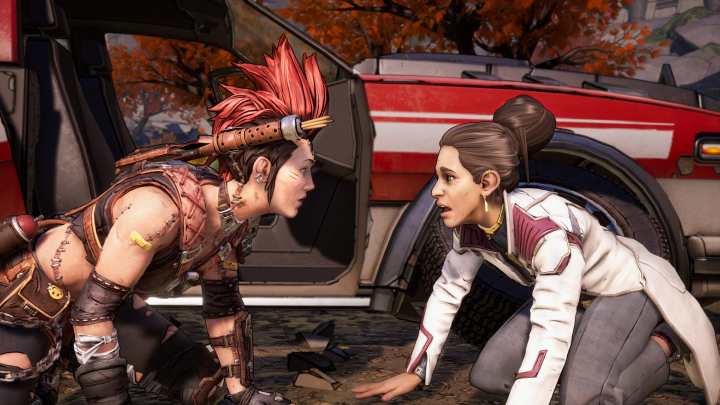 A character dressed as a doctor is kneeling, face to face with a girl with a red mohawk in New Tales from the Borderlands.