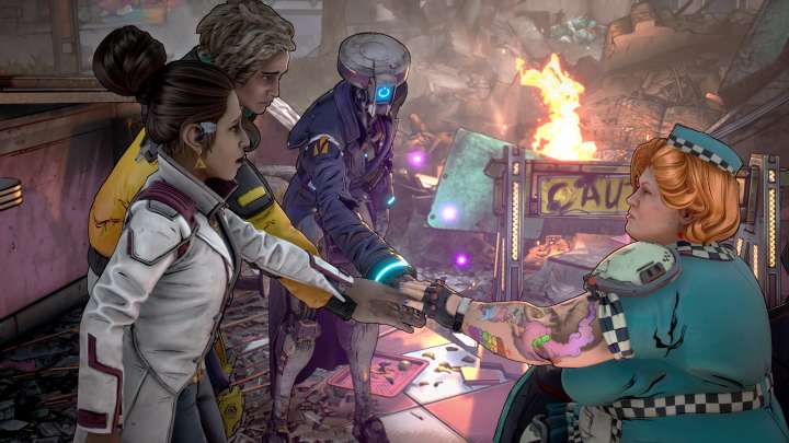 Three people and a robot join hands in a cheer in New Tales from the Borderlands.