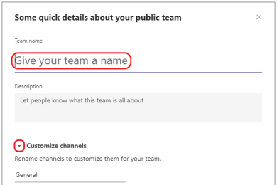 Dê um nome à sua equipe no Microsoft Teams.