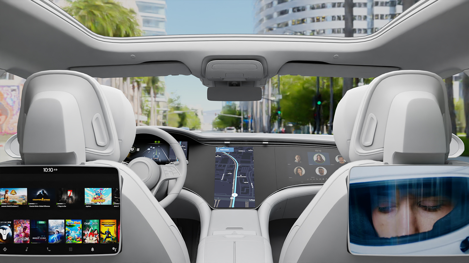 Eine Innenansicht des In-Car-Infotainmentsystems Drive Concierge von Nvidia, die verschiedene In-Car-Displays im Einsatz zeigt.