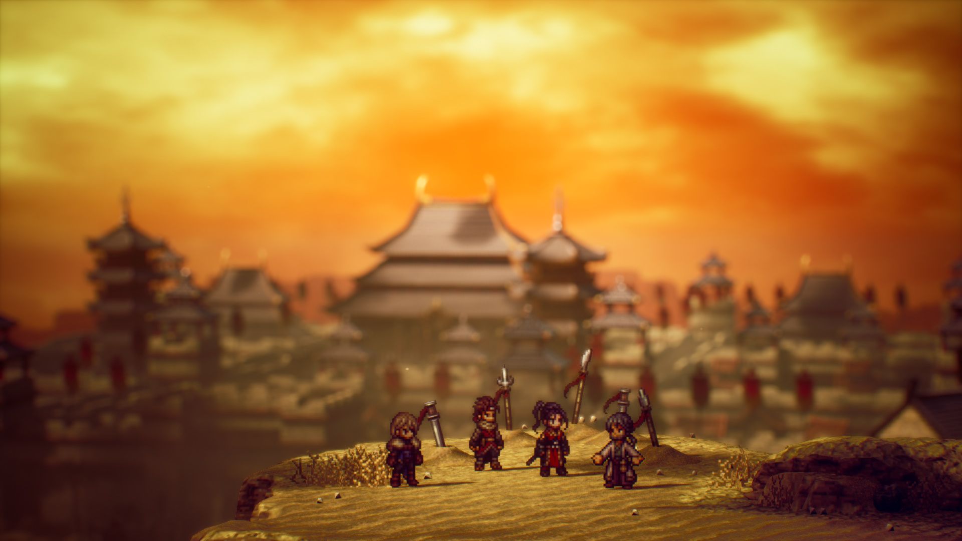 Quatro guerreiros em pé em um penhasco.