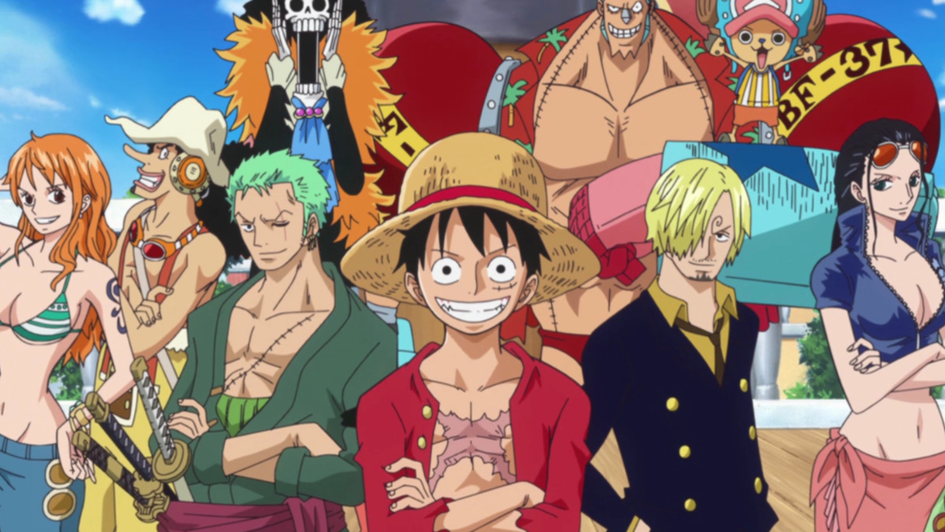Art clé pour One Piece mettant en vedette le casting de l'équipage Straw Hat Pirates,