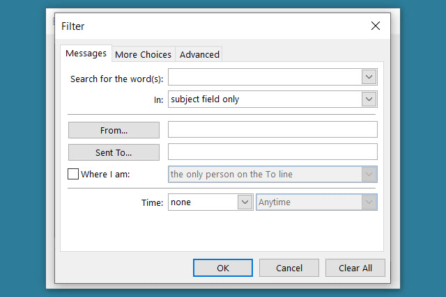 Opções de filtro de exportação do Outlook.