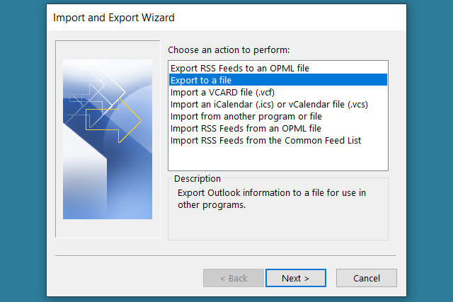 Exporte para um arquivo no Outlook.
