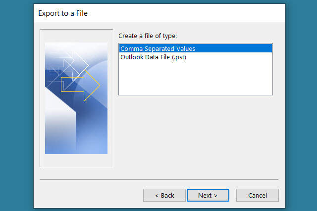 Export file selection window.