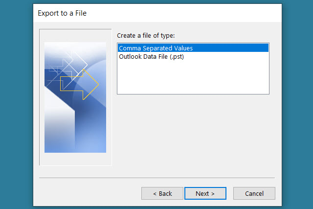 Selection window for the export file.